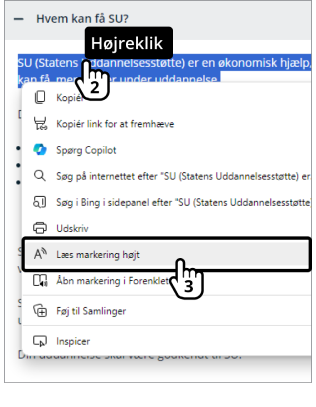 Illustration af punkt 2 og 3 der viser, hvordan man markerer teksten og får den læst højt