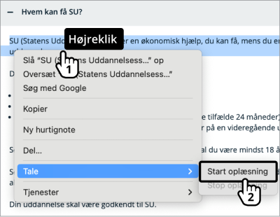 Illustration af punkt 1 og 2 der viser, hvordan man markerer teksten og får den læst højt
