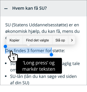 Illustration af punkt 1 der viser, hvordan man vælger teksten med langt tryk